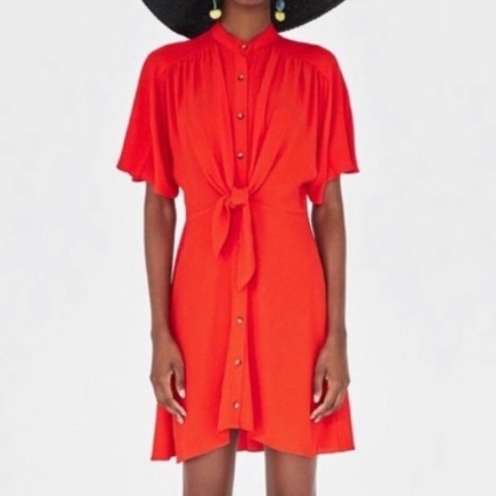 Zara Red Orange Front Tie Dress Size S